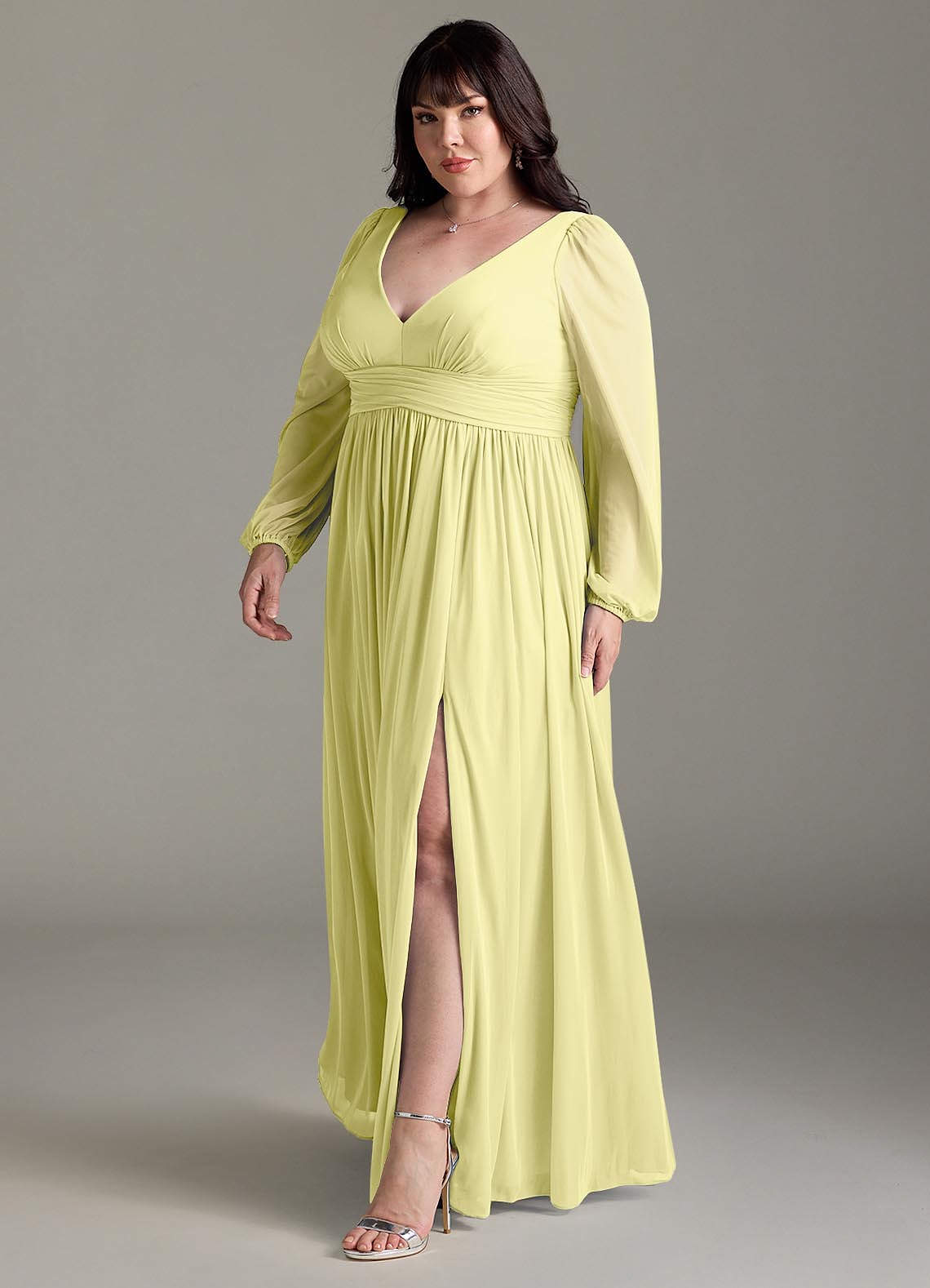 Azazie Norah Abiti da Damigella Abito A-Line in Chiffon con Maniche lunghe e Scollo a V Sorbetto Al Limone image10