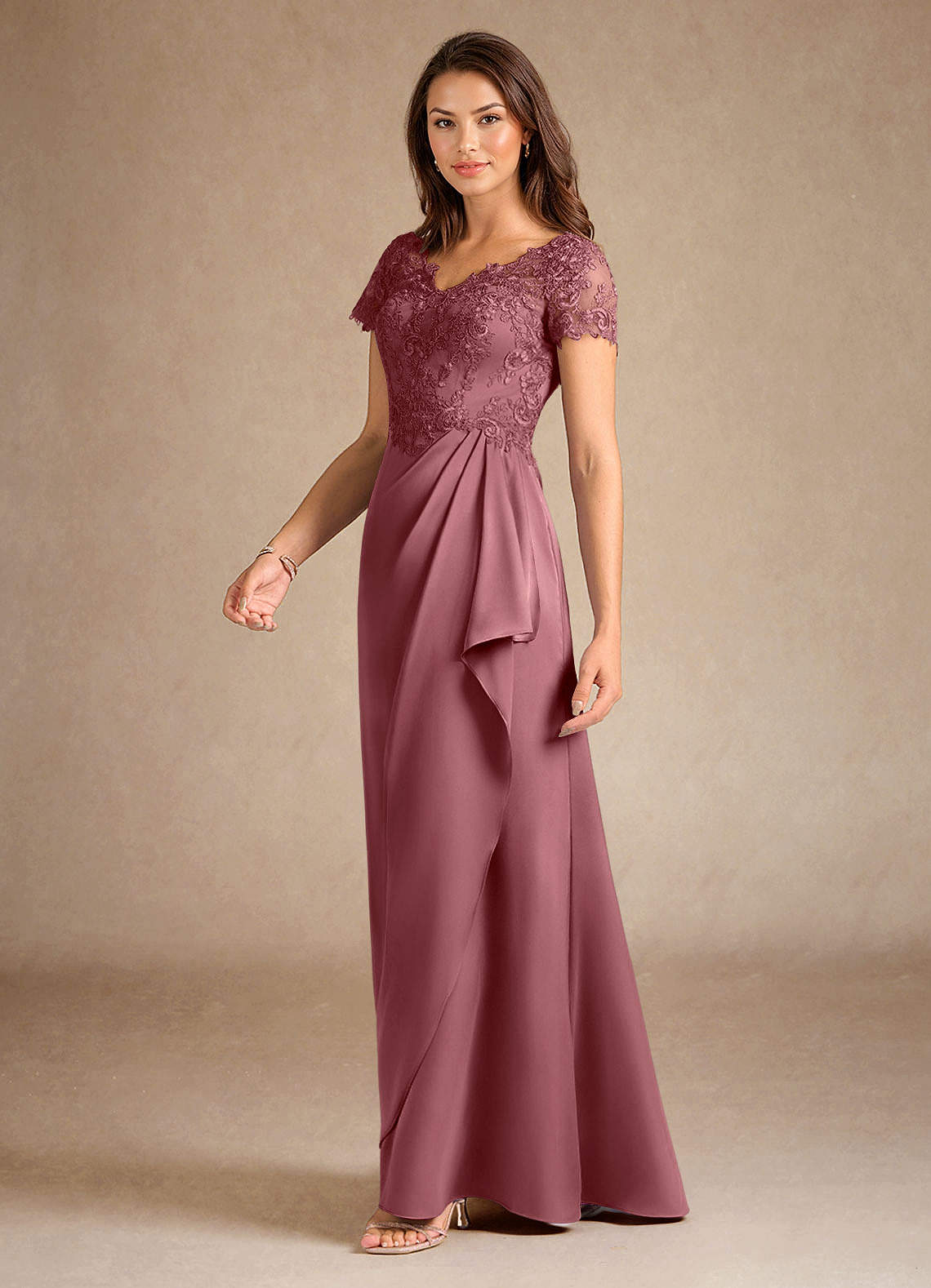 Azazie Santa Ana vestidos de madre de la novia Vestido de Rosa Del Desierto de Satén Elástico de Corte En A con Encaje image1