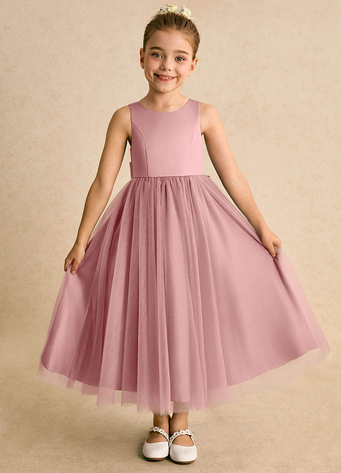 Azazie Solia Flower Girl Dresses Dusty Rose Ball-Gown Bow Tulle Dress image1