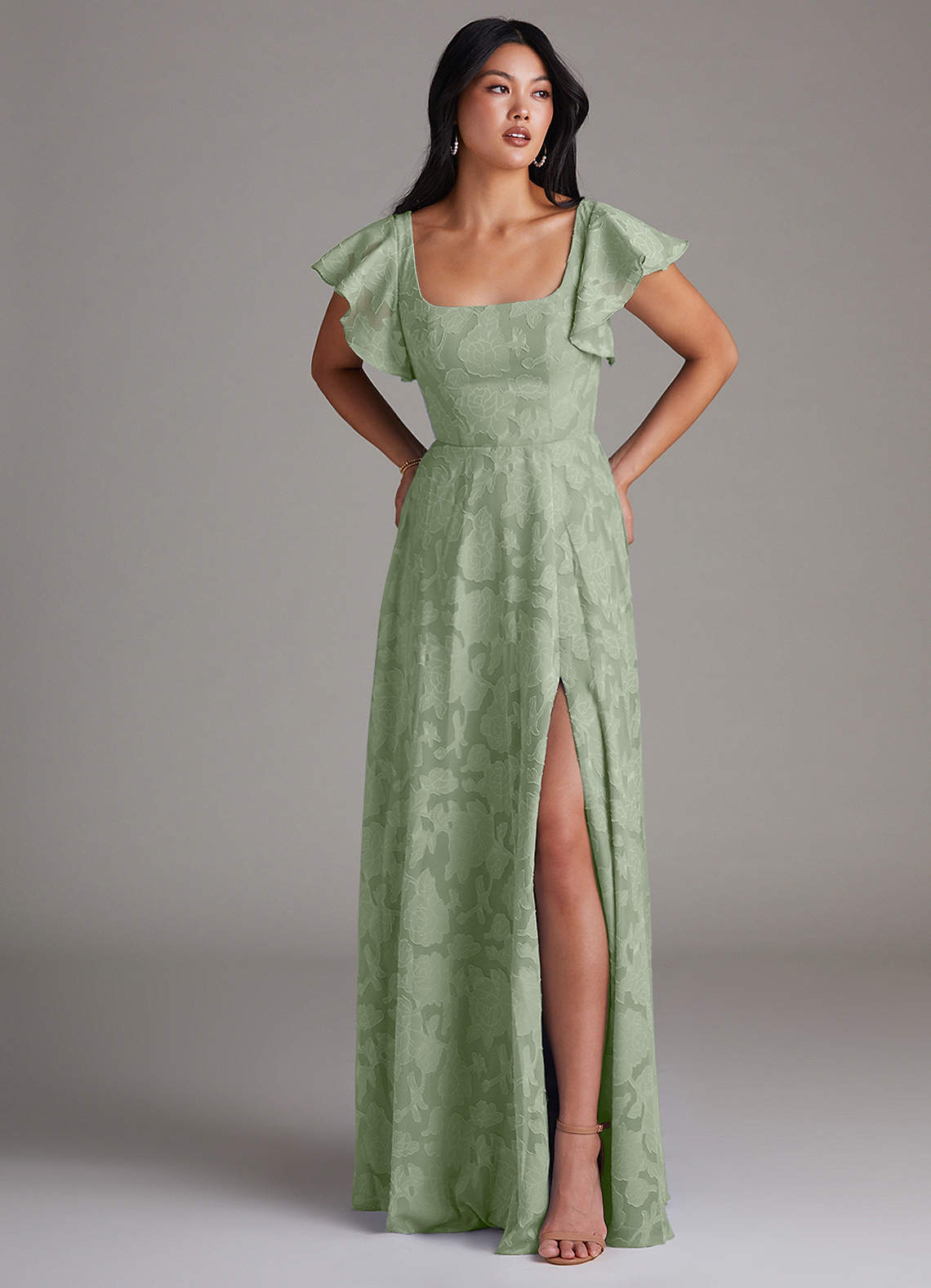 Azazie Bondi Bridesmaid Dresses Dusty Sage A-Line Side Slit Floral Burnout Dress image3