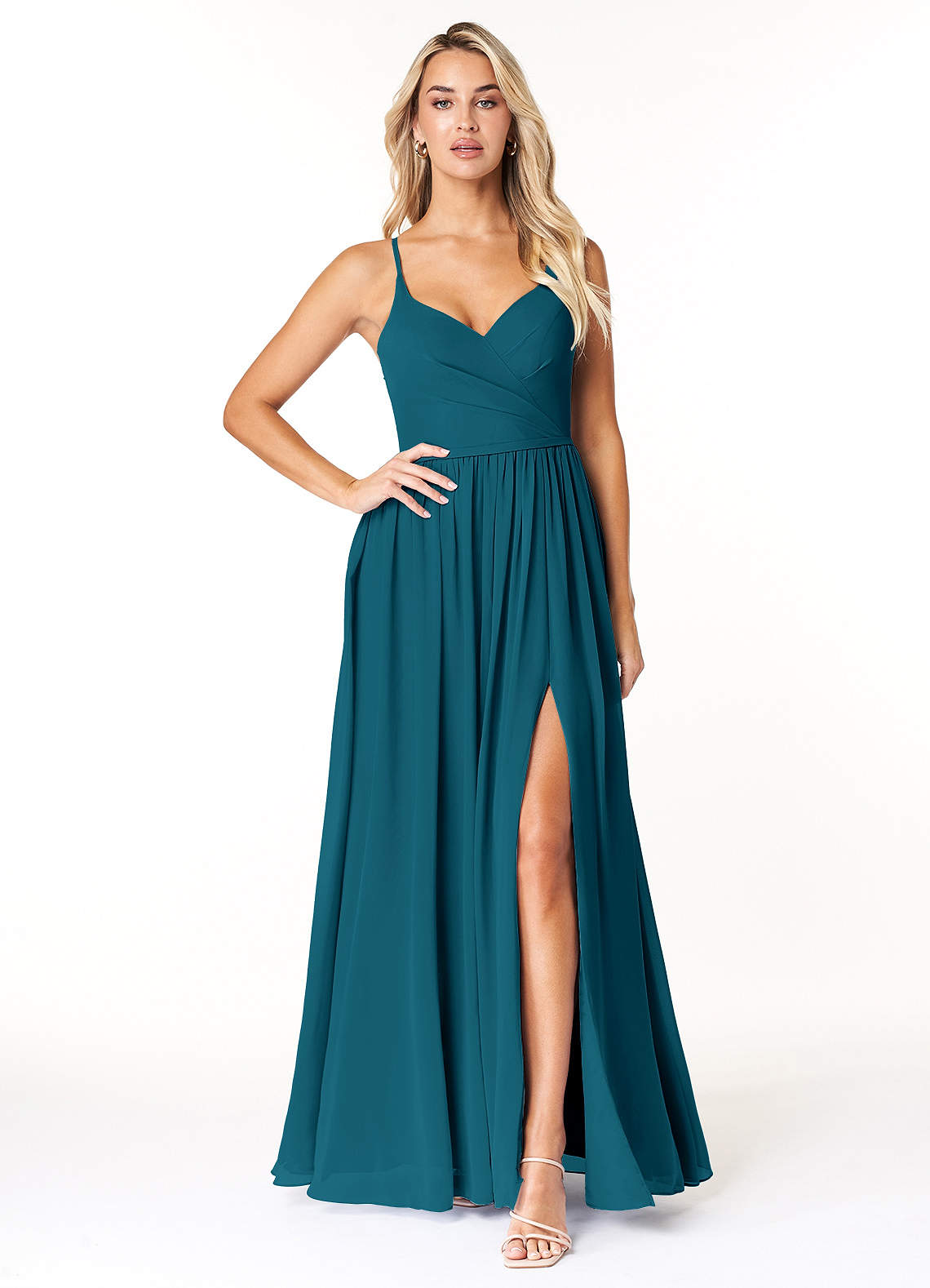 Azazie Dominic Bridesmaid Dresses Ink Blue A-Line V-Neck Pleated Chiffon Dress image1