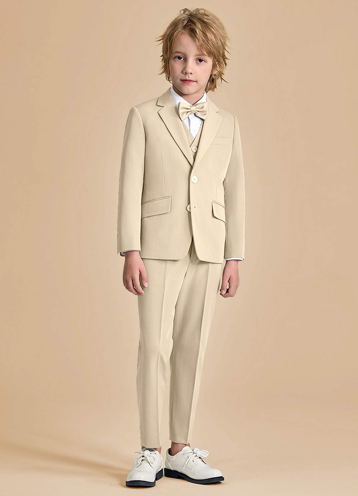 front Oliver Boys Tan 5-Piece Suit With Bow Tie