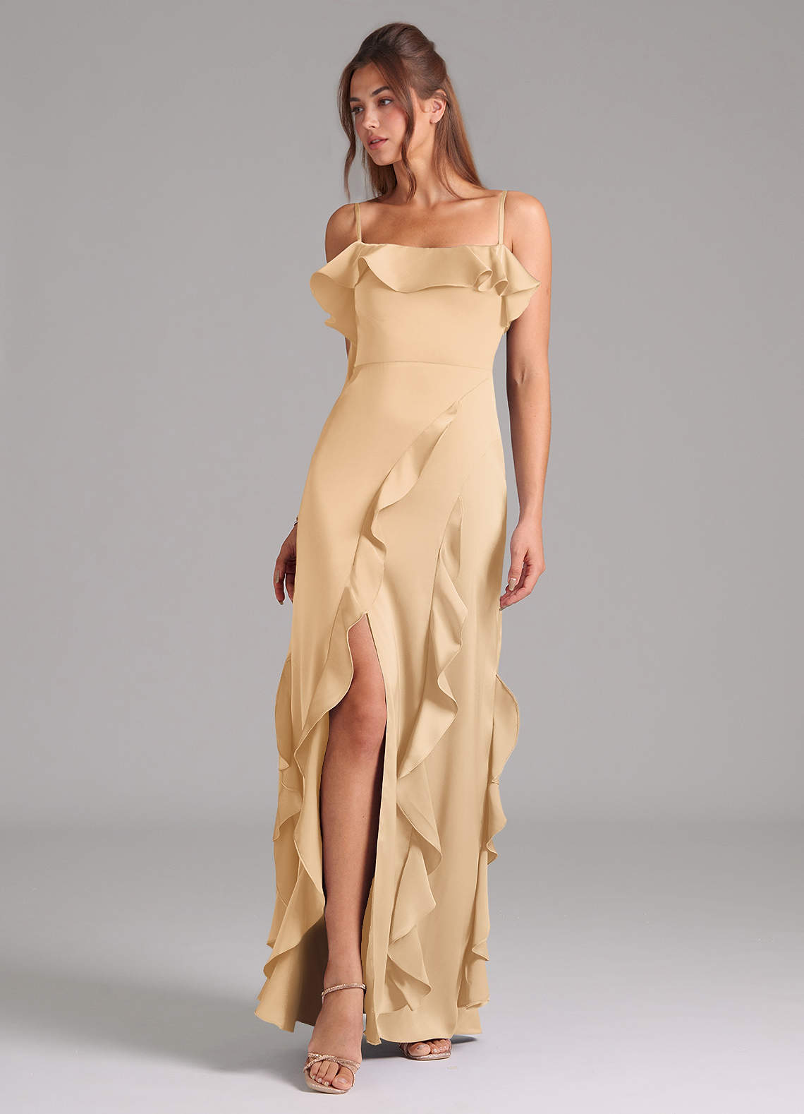 Azazie Malia Bridesmaid Dresses Gold A-Line Side Slit Stretch Satin Dress image1