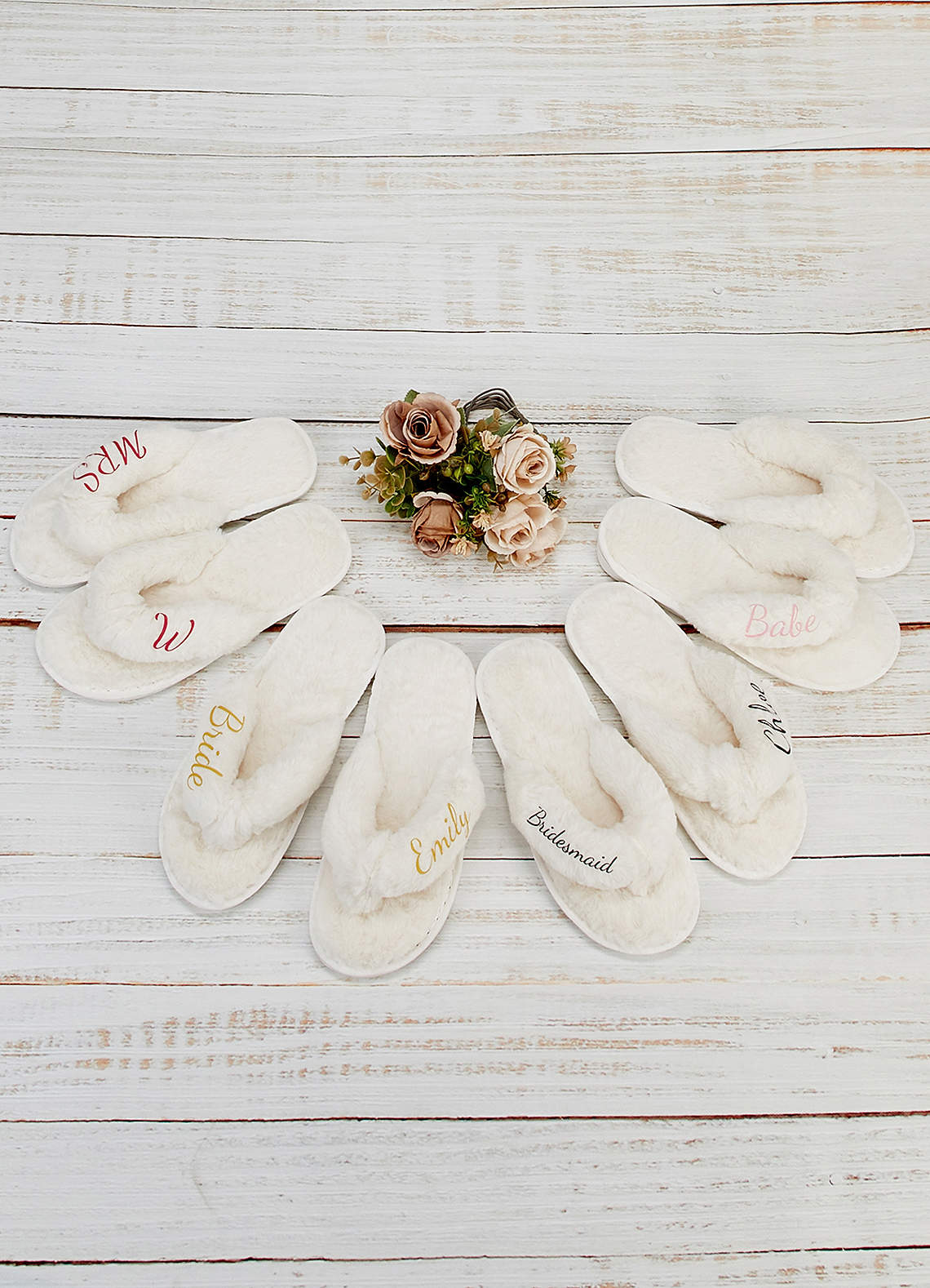 front Personalized Bride Bridesmaid Fluffy Slippers