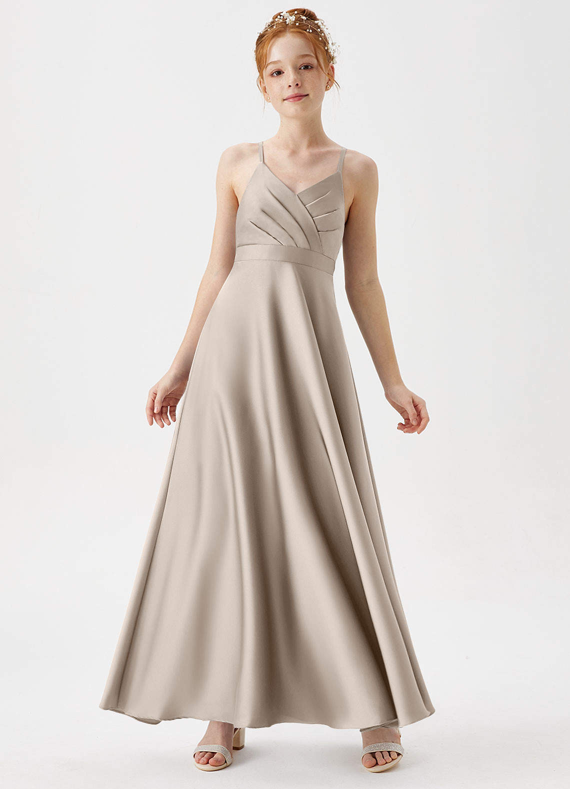 Azazie Avelina Junior A-Linie Plissee Stretch-Satin Kleid Frost image1