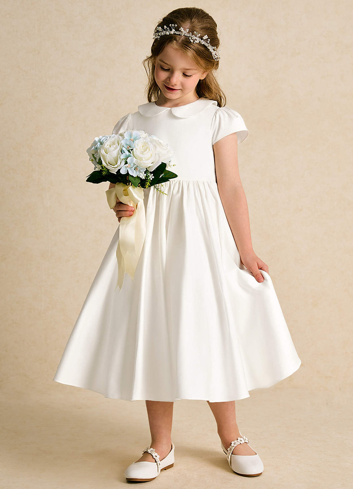 Azazie Deary Flower Girl Dresses Ivory Steel Blue A-Line Bow Cotton Dress image4