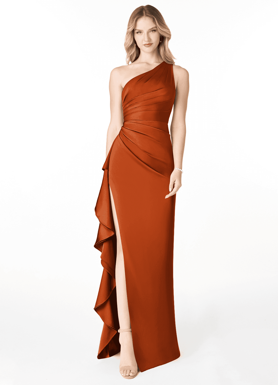 Azazie Latrice Bridesmaid Dresses Burnt Orange Sheath One Shoulder Cascading Ruffles Stretch Satin Dress image1