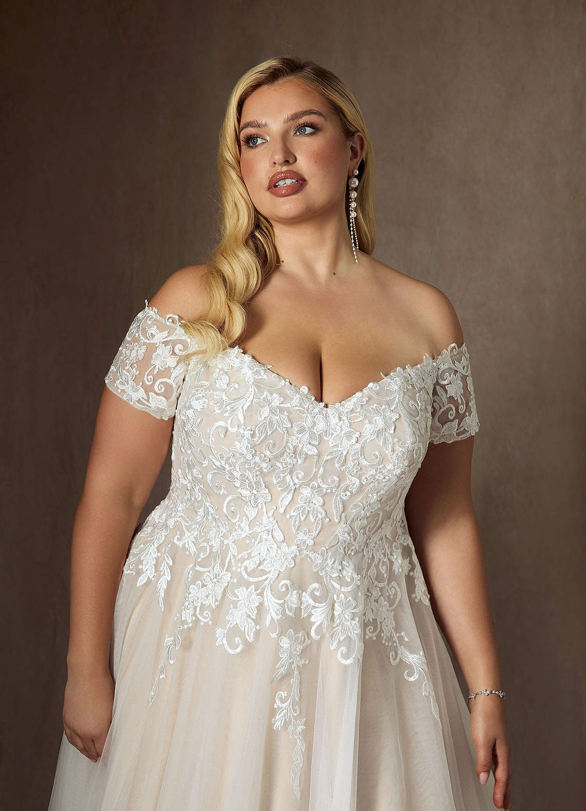 Azazie Rowe Wedding Dresses Diamond White Champagne Ball-Gown Off the Shoulder Tulle Dress image12