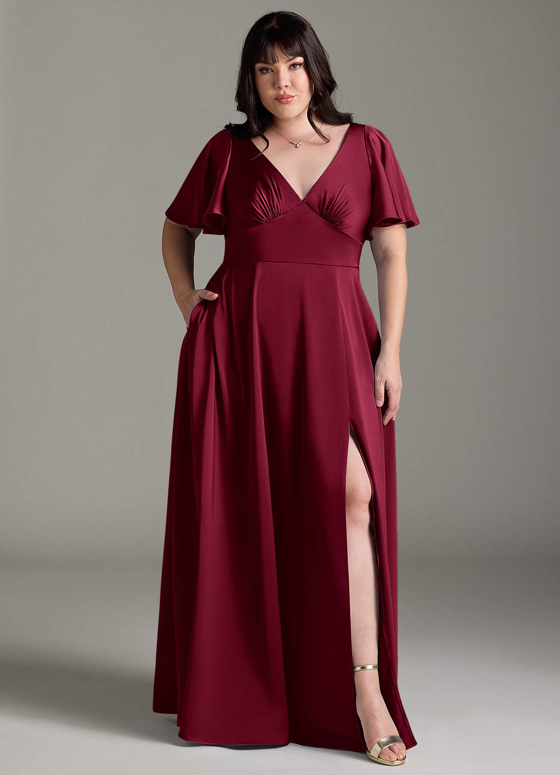Azazie Kimber Bridesmaid Dresses Burgundy A-Line Ruched Stretch Satin Dress image6