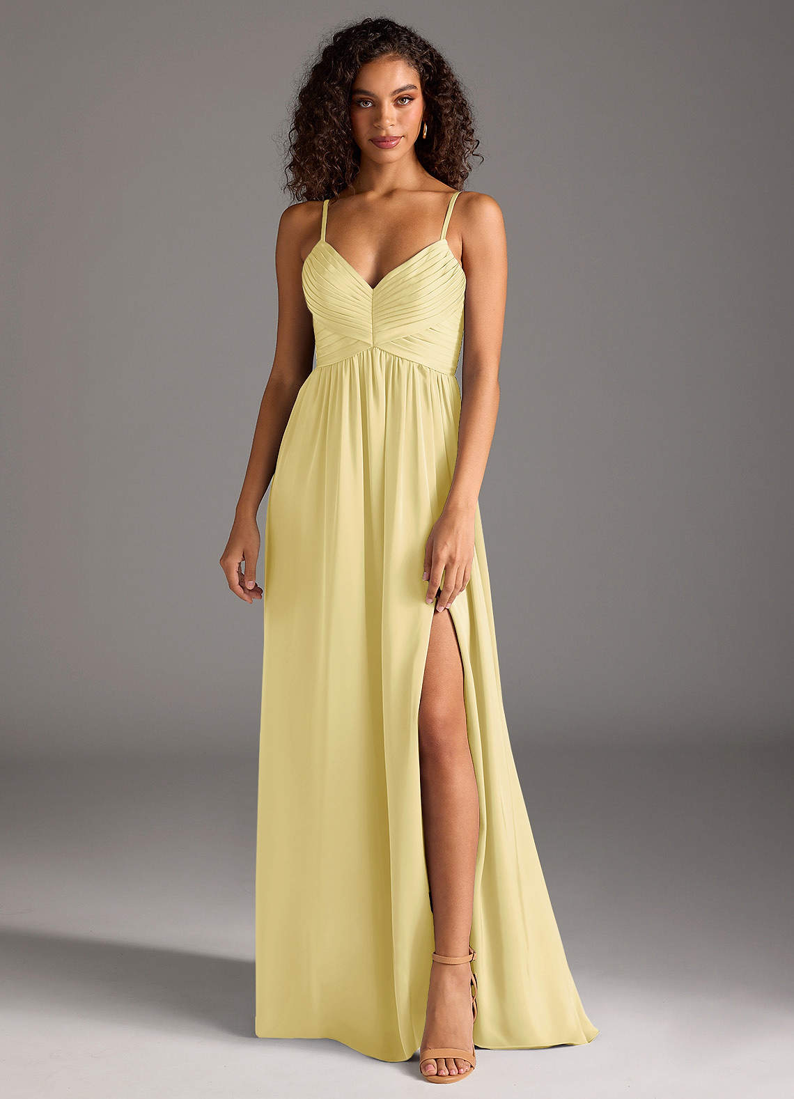 Azazie Alia Bridesmaid Dresses Lemon Sorbet A-Line Pleated Stretch Satin Dress image1