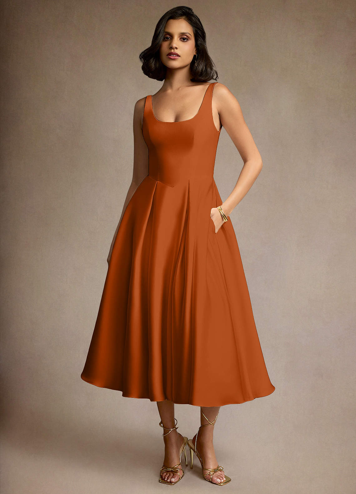 orange pleated midi dress ES Orange Pleated Midi Dress Medium