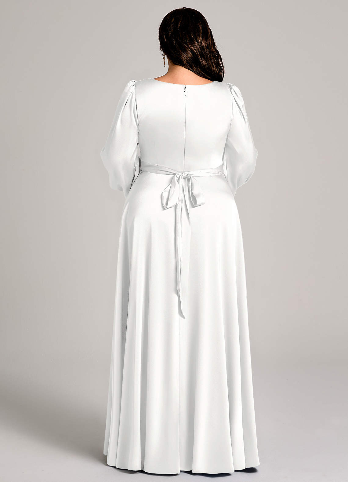 Azazie Leonia Abiti da Damigella Abito A-Line in Raso Elasticizzato Manica Lunga Bianco image12