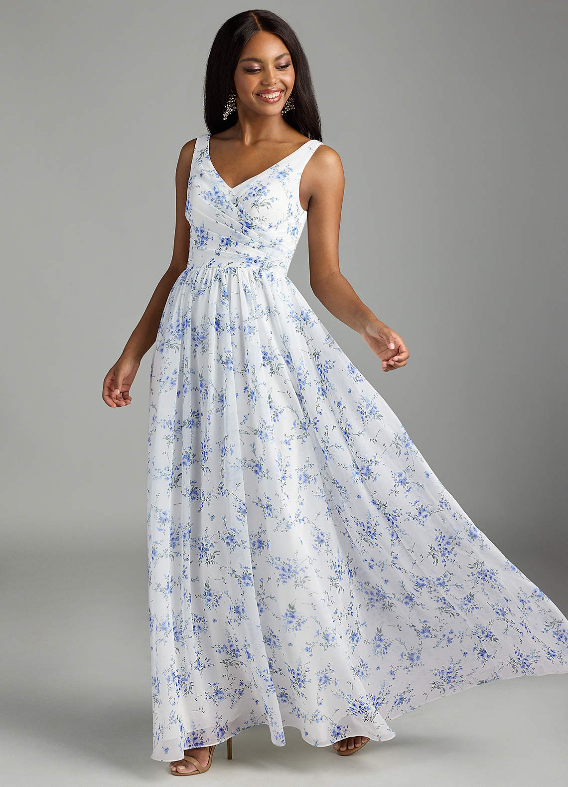 Azazie Keyla Bridesmaid Dresses Blue Cottage Floral A-Line V-Neck Pleated Chiffon Dress image1