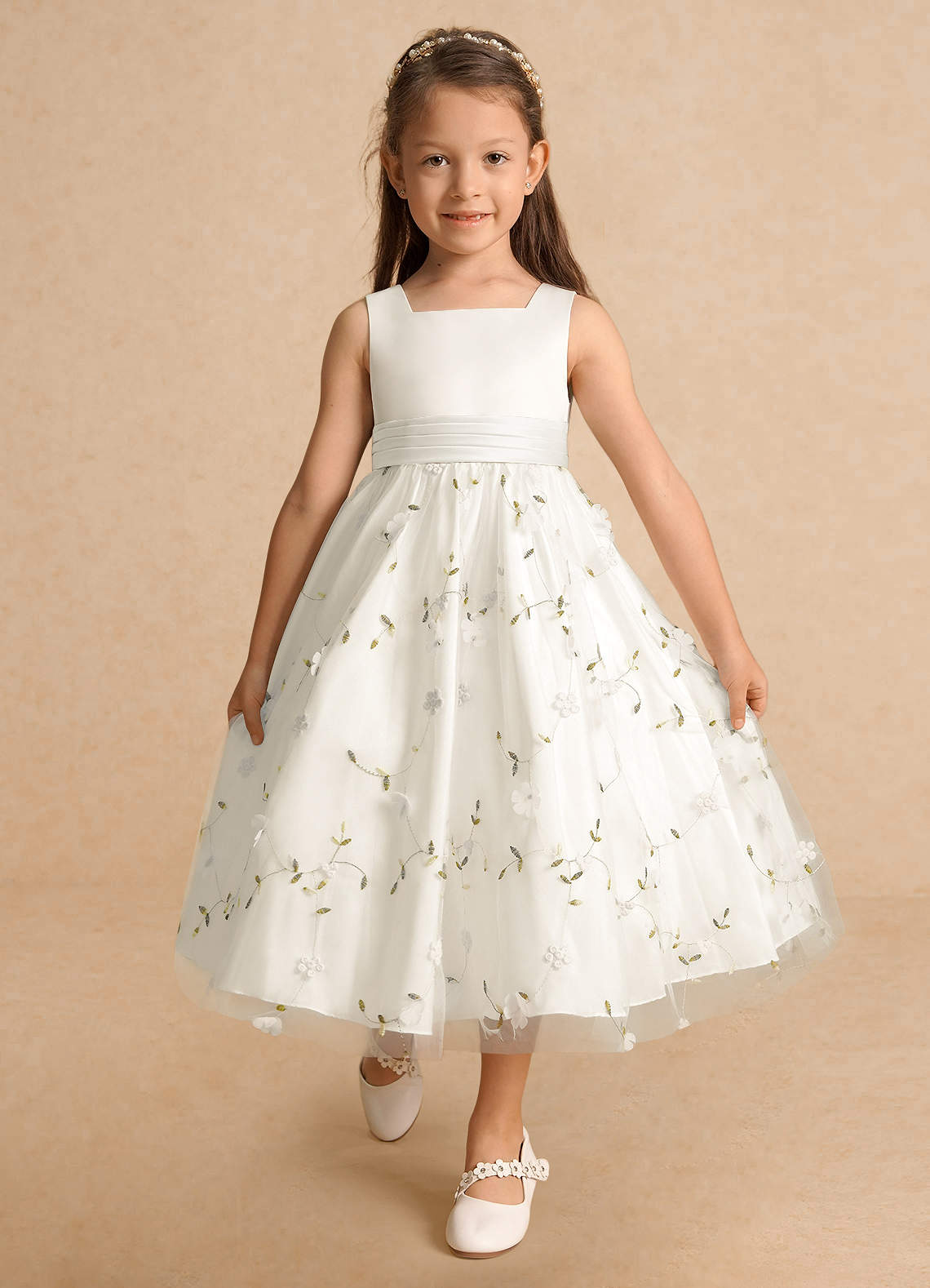 Azazie Pollie Flower Girl Dresses Diamond White A-Line Bow Tulle Dress image9