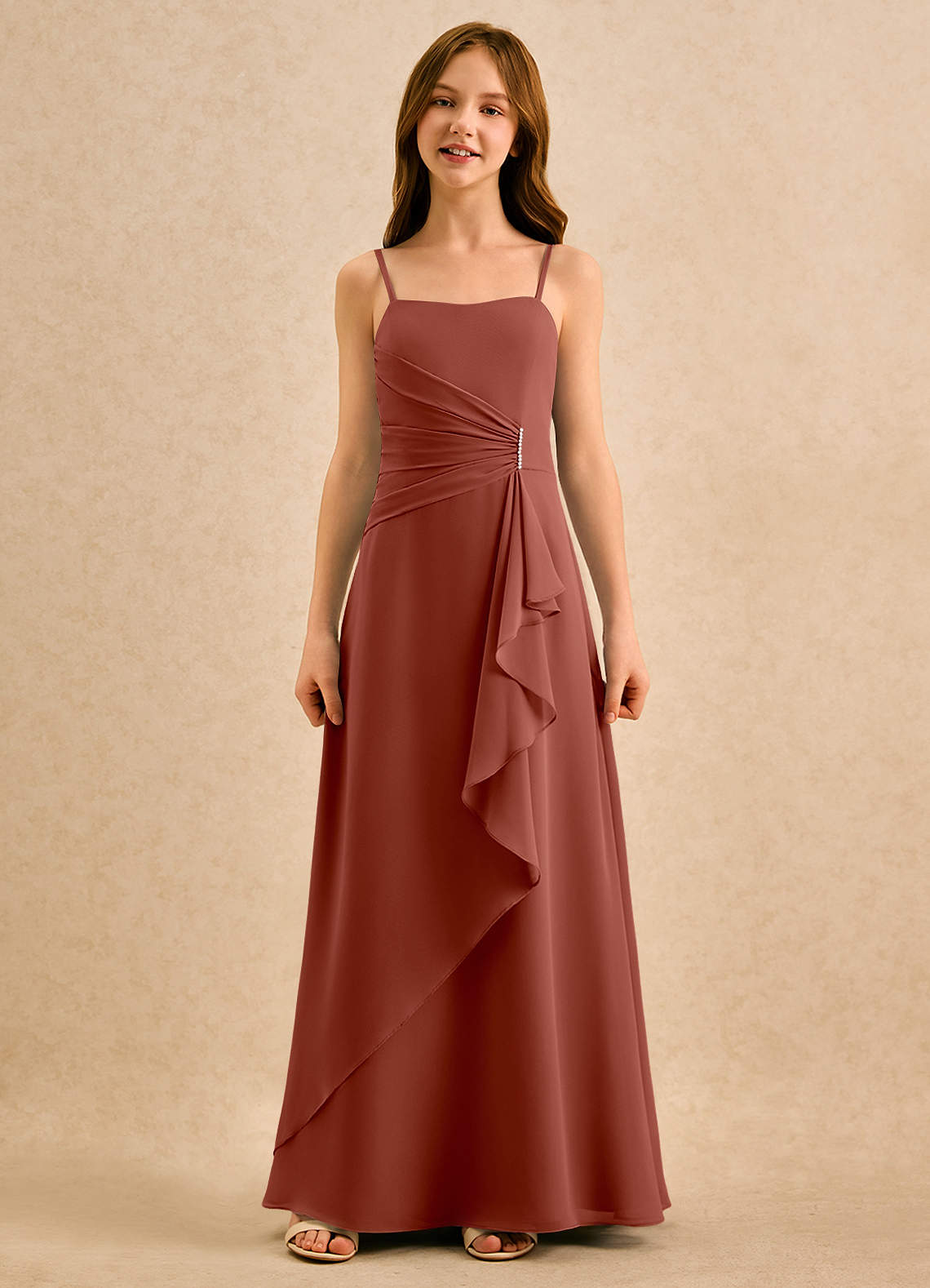 Azazie lolly Girls Formal Robe Demoiselle D'honneur Fillette Robe Trapèze en Mousseline de soie Plissée Auburn image3