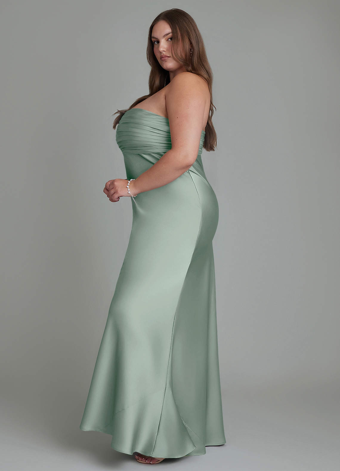 Azazie Saylor At-home Try On Dresses Agave Mermaid Strapless Stretch Satin Dress image13