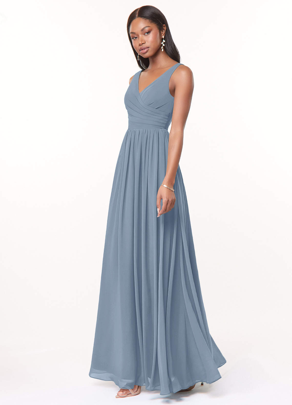 Azazie Keyla Bridesmaid Dresses Dusty Blue A-Line V-Neck Pleated Chiffon Dress image2