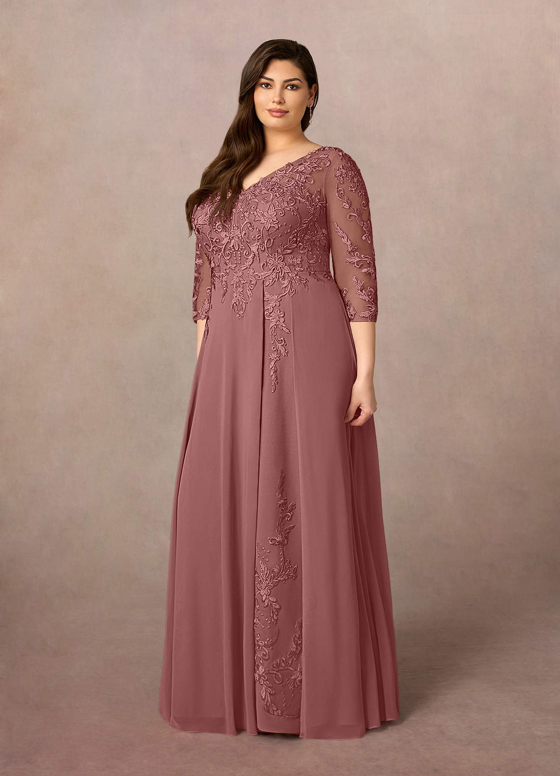Azazie Noella vestidos de madre de la novia Vestido de Rosa Del Desierto de Gasa de Corte en A con Encaje cuello pico image9
