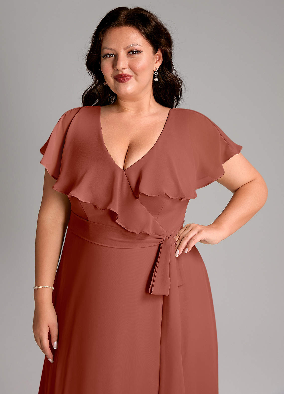 Azazie Lainey At-home Try On Dresses Dusty Sage A-Line with Pockets Chiffon Dress image12