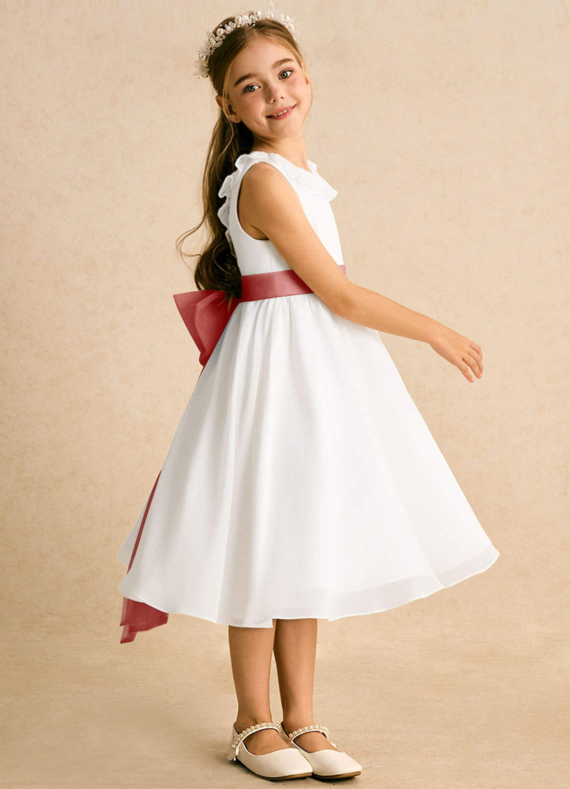 Azazie Dani Flower Girl Dresses Ivory Antique Rose A-Line Bow Chiffon Dress image3