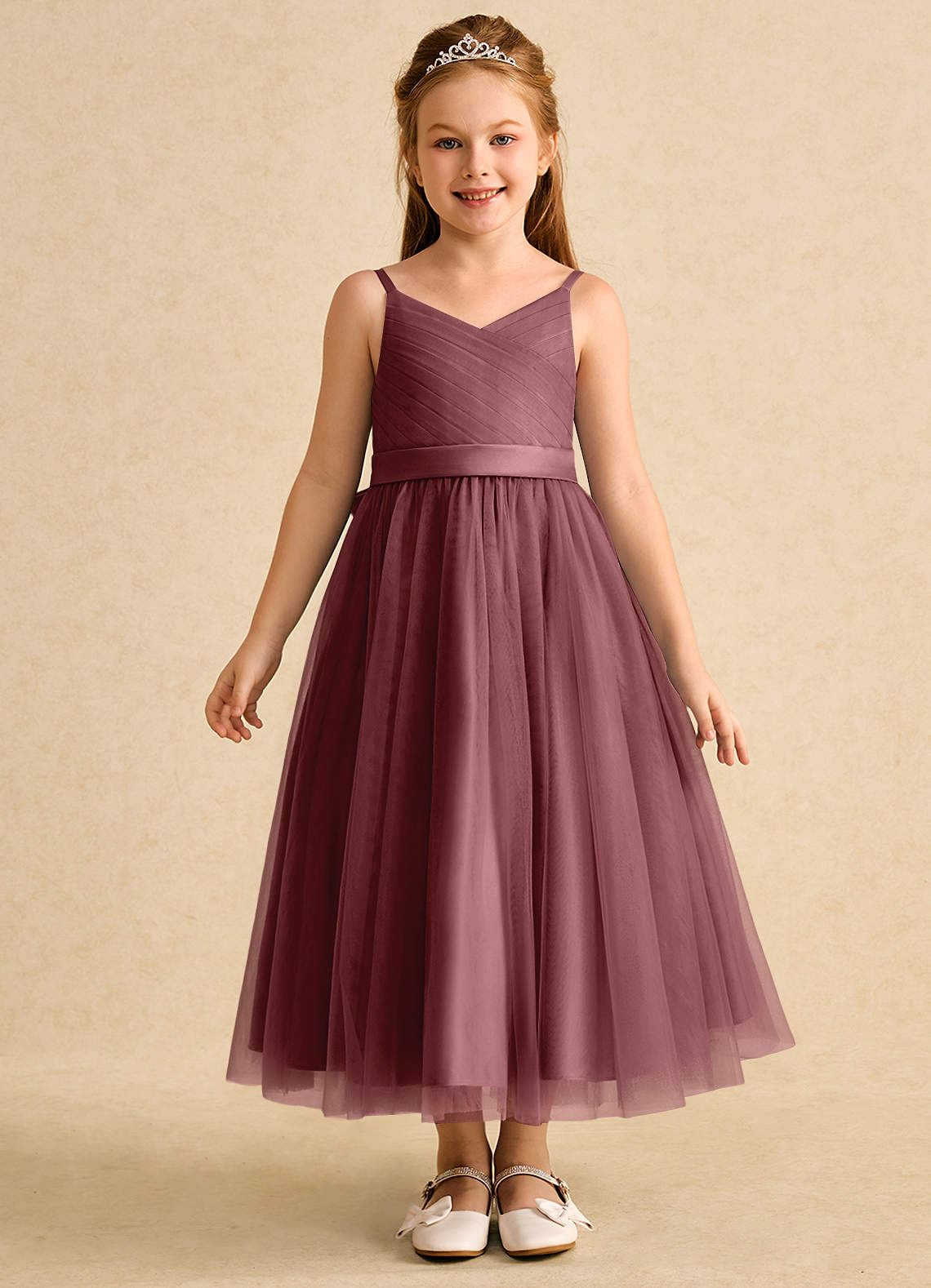 Azazie Patootie vestidos de niña de las flores Vestido de Rosa Del Desierto de Tul de Corte En A con Tirante Espagueti image1
