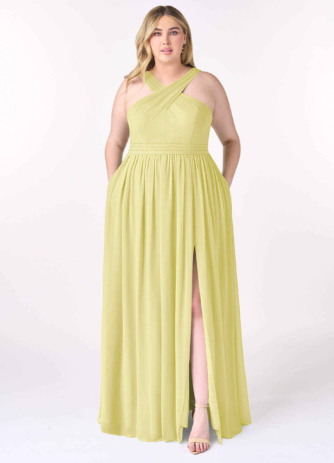 Azazie Elvira Bridesmaid Dresses Lemon Sorbet A-Line Pleated Chiffon Dress image1