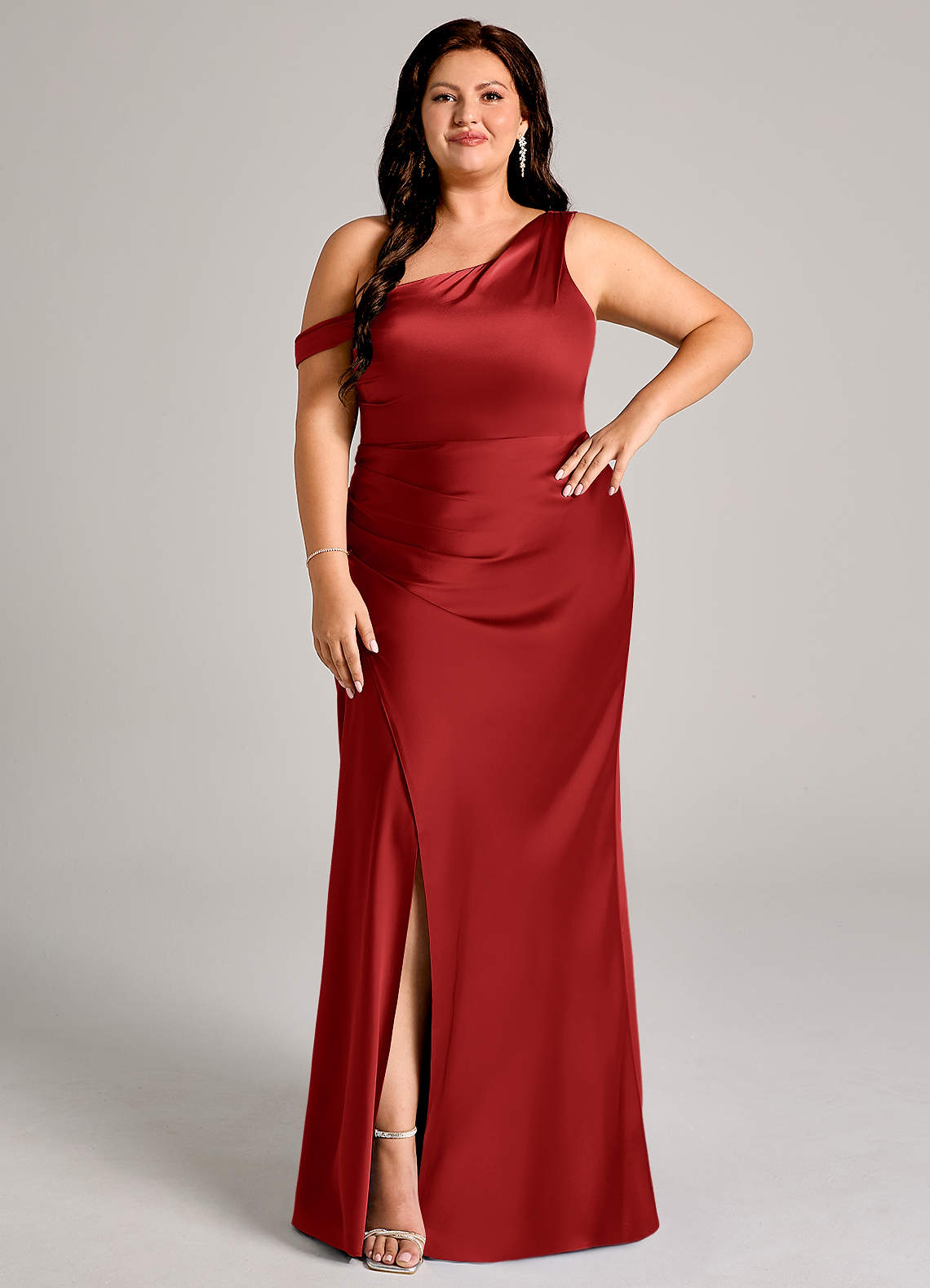 Azazie Madelyn Bridesmaid Dresses Pomegranate Mermaid One Shoulder Stretch Satin Convertible Dress image1