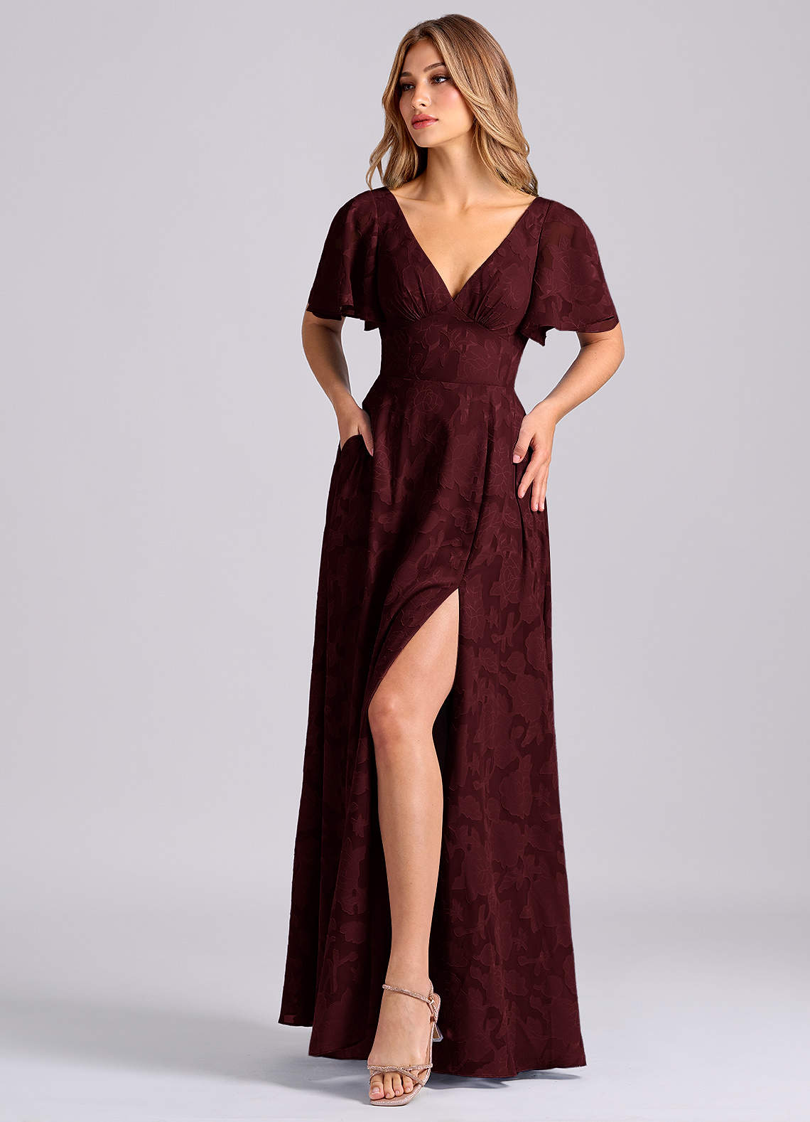 Azazie Kimber Bridesmaid Dresses Cabernet A-Line with Pockets Floral Burnout Dress image5