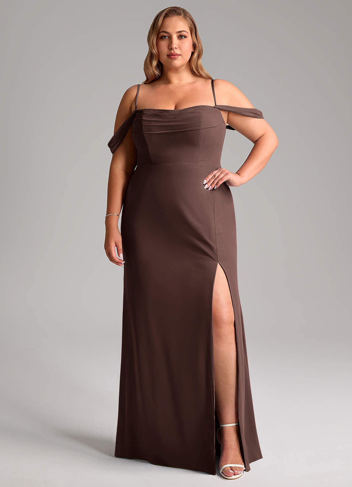 Azazie Saige Bridesmaid Dresses Ganache A-Line Off the Shoulder Chiffon Convertible Dress image12