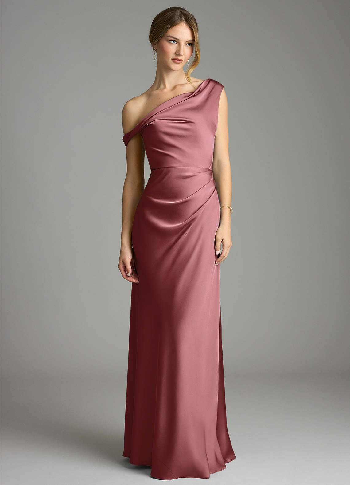 Azazie Emerson Vestidos de madrinha de casamento Vestido Ametista de Cetim elástico de sereia com Fora do ombro image3