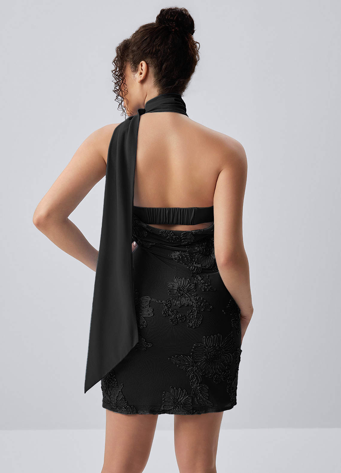 backless floral mesh mini dress Helene Black Halter 3D Open Back Color:Atlantic Blue catching flare sleeves Form No Priority LEO LIN - Caroline