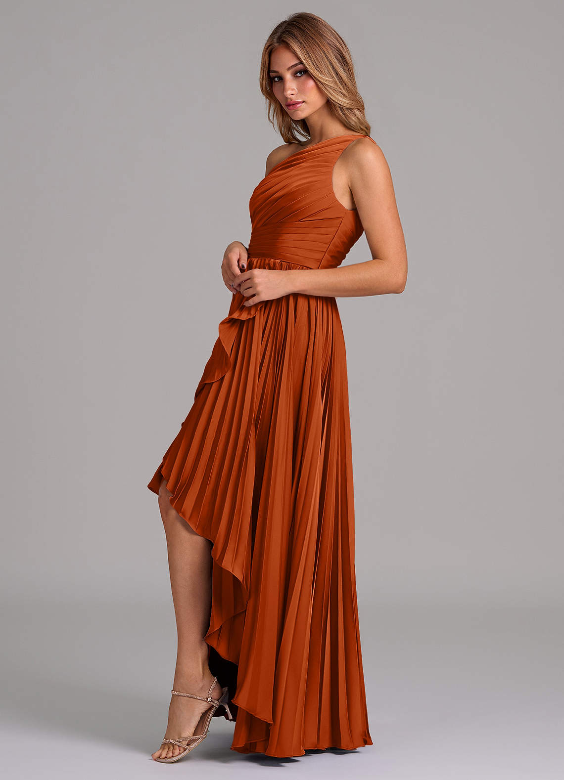 Azazie Lyrica Bridesmaid Dresses Burnt Orange A-Line One Shoulder Stretch Satin Dress image4