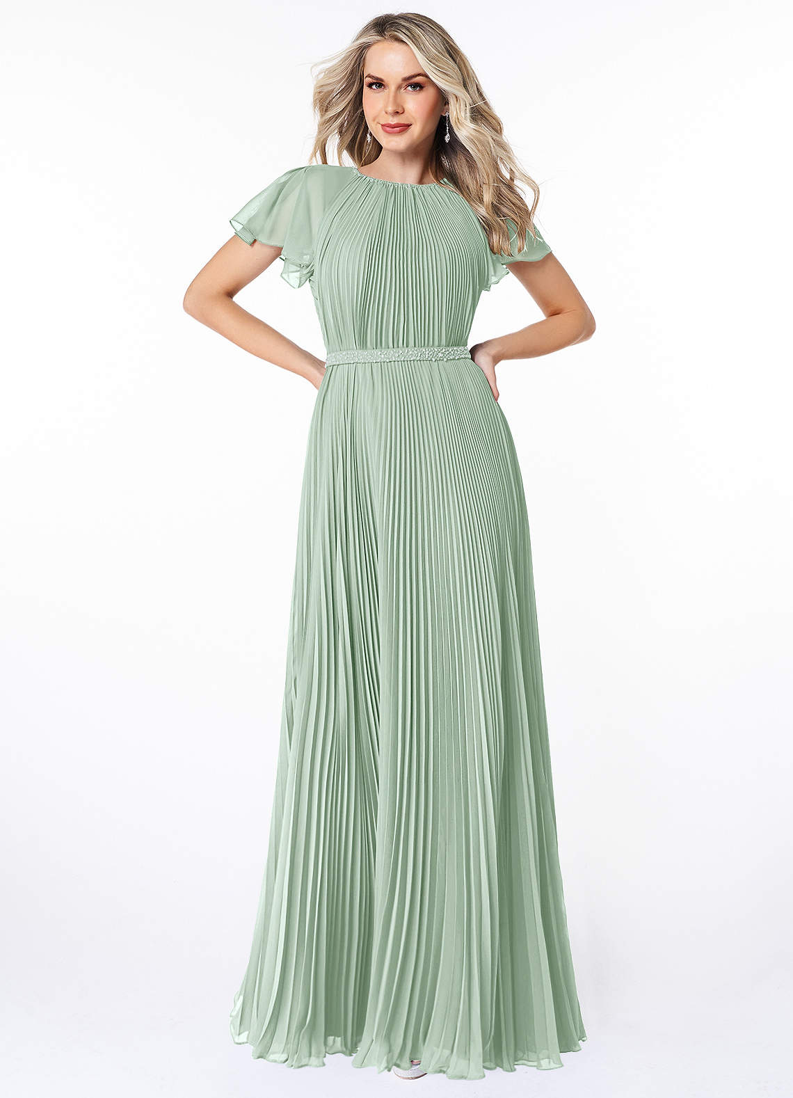 Azazie Kara Modest Bridesmaid Dresses A-Line Pleated Chiffon Floor-Length Dress image1