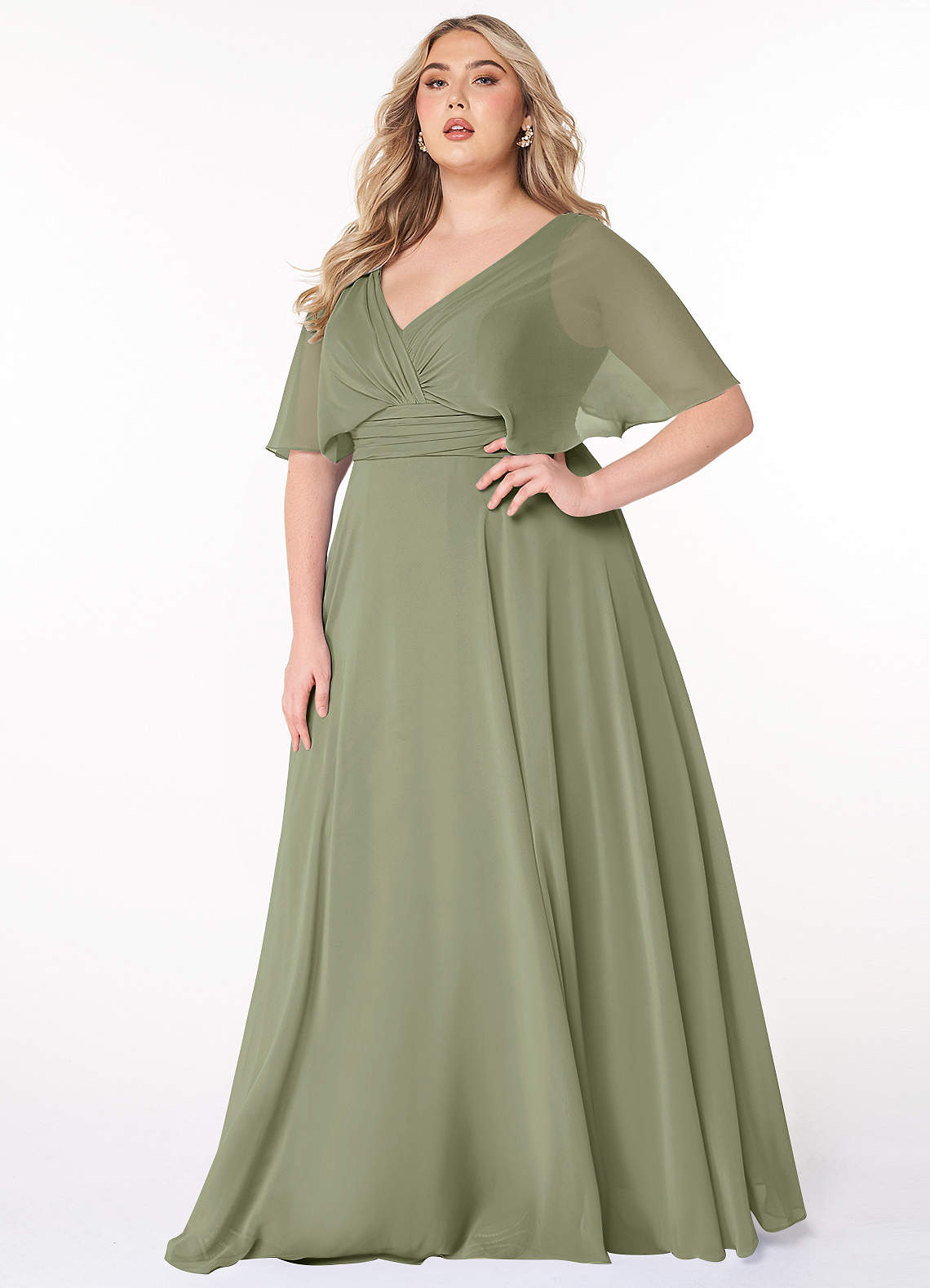 Azazie Pamela Bridesmaid Dresses Pistachio A-Line V-Neck Pleated Chiffon Dress image1
