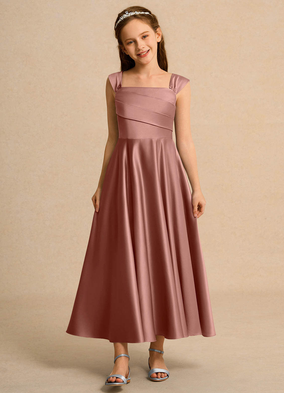 Azazie Bundle Girl Flower Girl Klänningar Klä A-Line i Matt satäng Plisserad image1