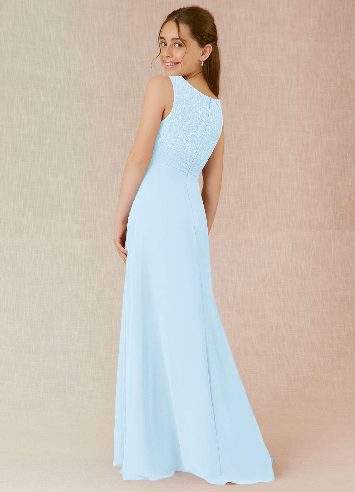 Azazie Snow Junior Sky Blue A-Line Lace Chiffon Dress image1