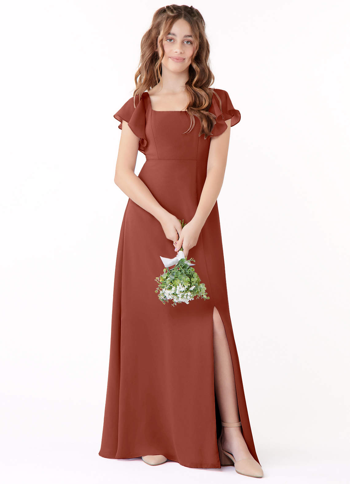 Azazie Bondi Junior Abito A-Line in Chiffon Fiocco Auburn image1
