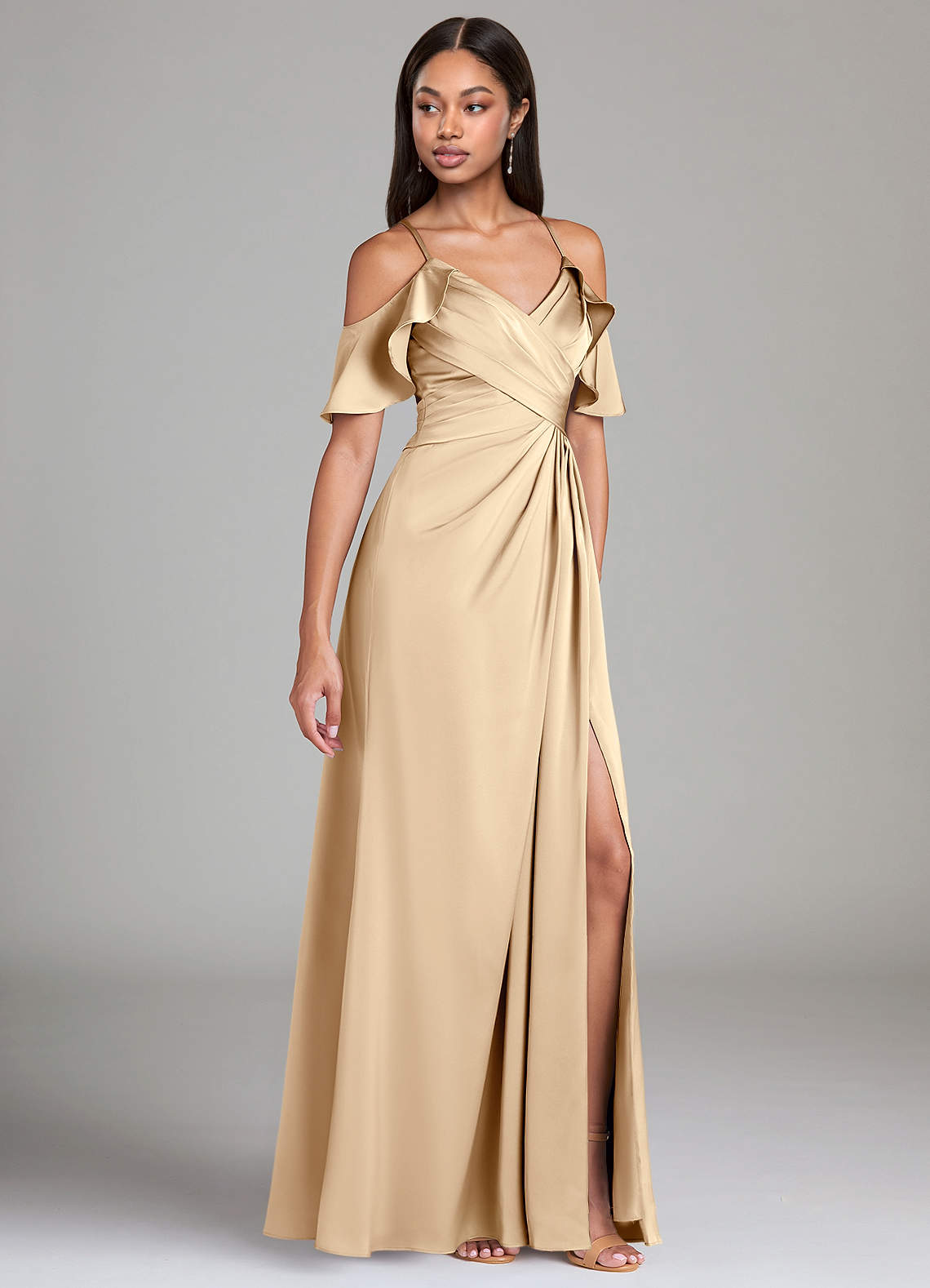 Azazie Dakota Bridesmaid Dresses Champagne A-Line Off the Shoulder Stretch Satin Dress image1