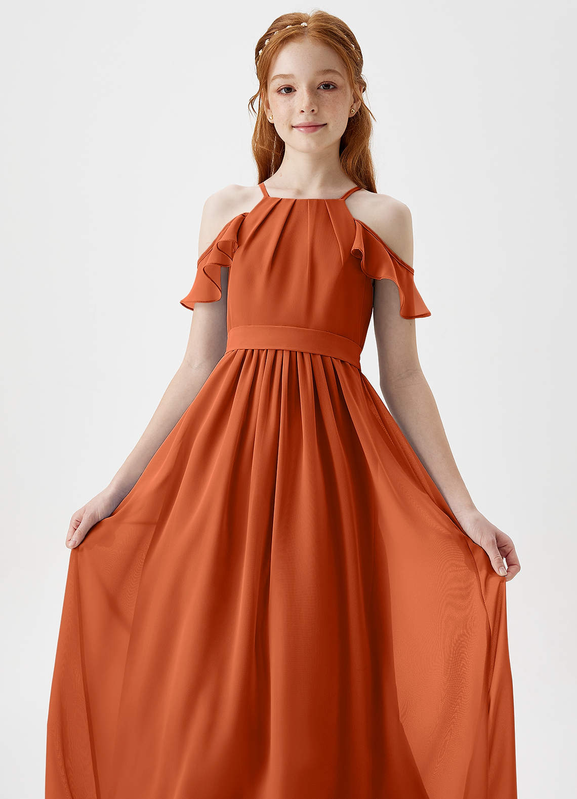 Azazie Chaya Junior Burnt Orange A-Line Off the Shoulder Chiffon Dress image1