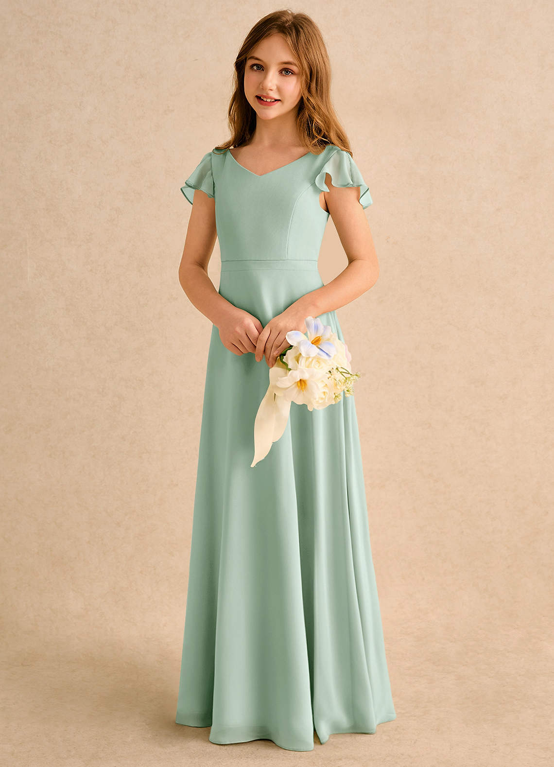 Azazie Nari Girls Formal Vestidos de florista Vestido Agave de Chiffon de Linha A com com Mangas image2