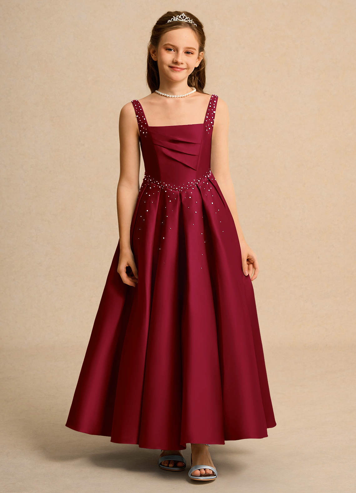 Azazie Mochi Girls Formal Burgundy Ball-Gown Pleated Matte Satin Dress |  Azazie
