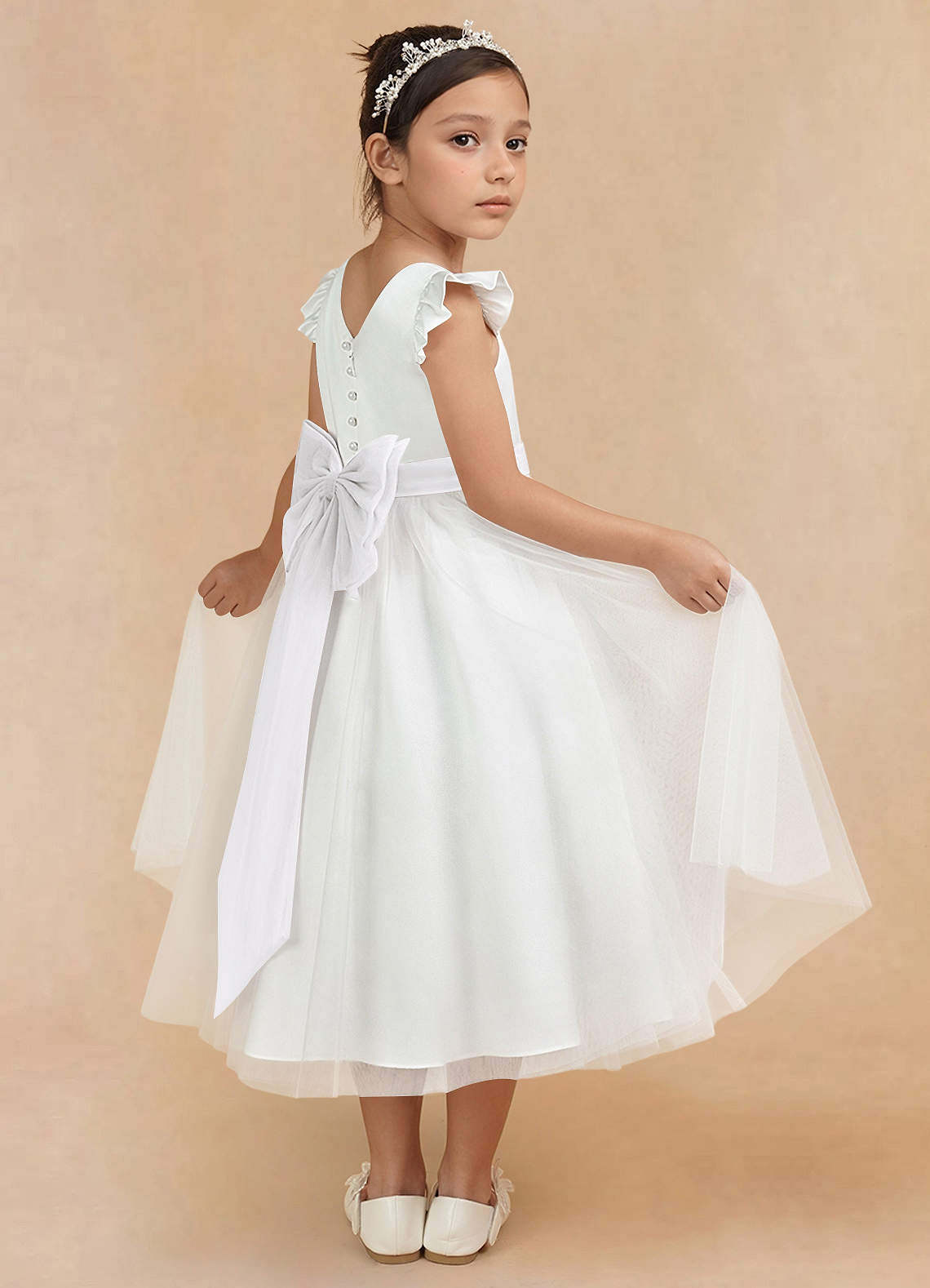 Azazie Hemi Abiti da Ragazza di Fiori Abito A-Line in Tulle Fiocco Avorio Bianco image1