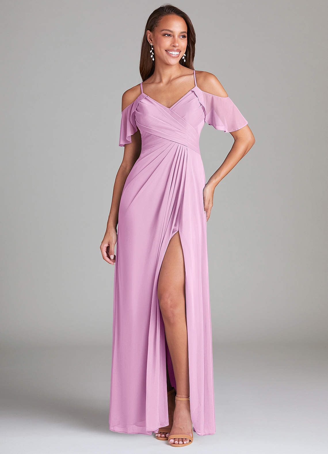 Azazie Dakota Jurken voor bruidsmeisjes Jurk van Mesh met A-Lijn Off the Shoulder Snoep Roze image1