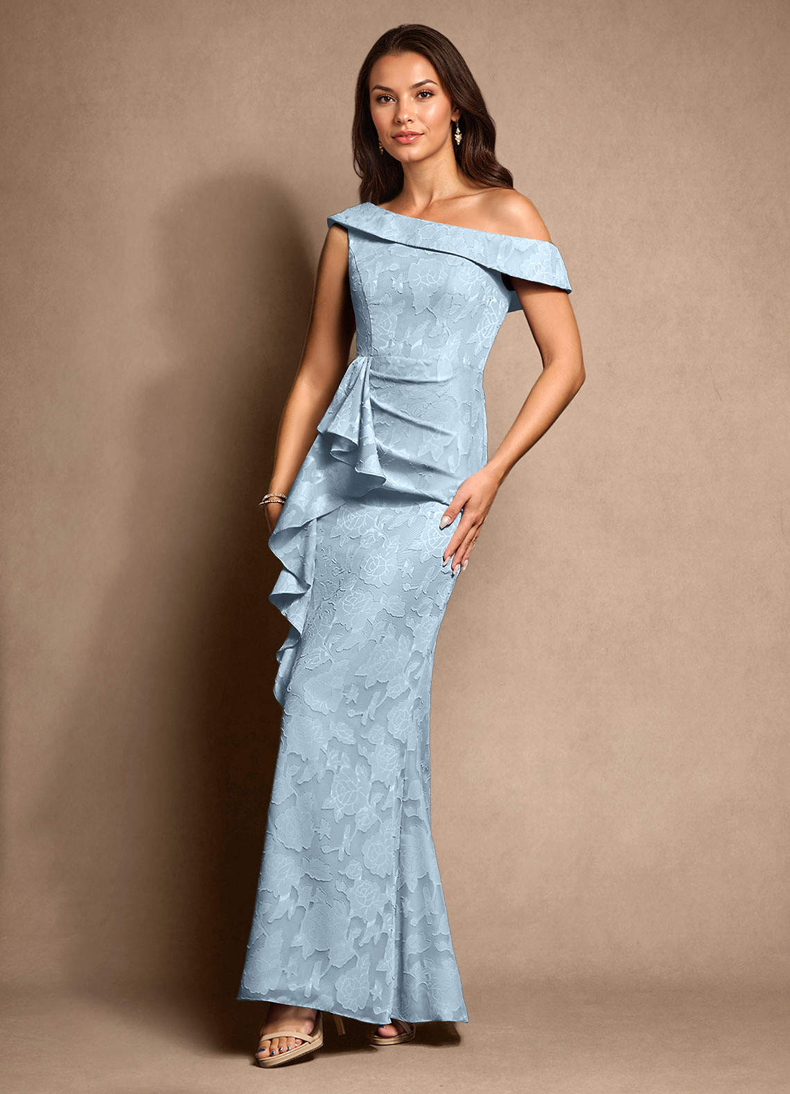 Azazie Hamptons vestidos de madre de la novia Vestido de Azul Cielo de Devorado Floral de Corte En A con Plisado image4