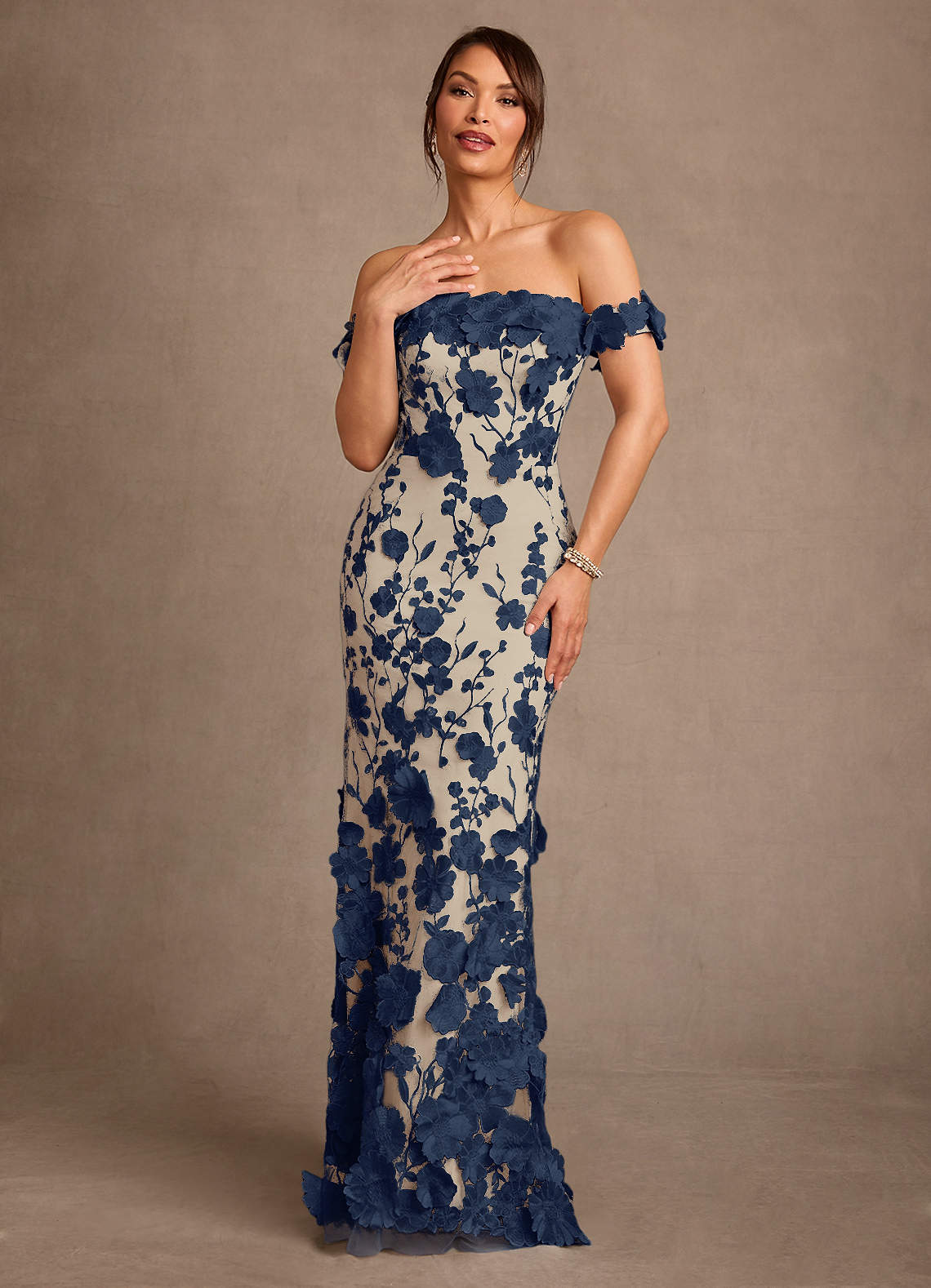Azazie Lotta Dark Navy Champagne Mermaid Off the Shoulder Lace