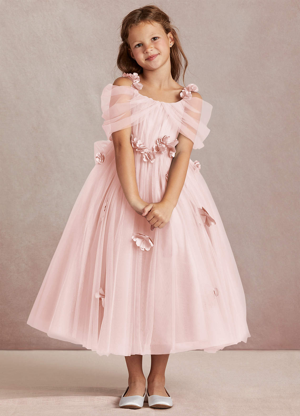 Azazie Shaylee Blushing Pink A-Line Off the Shoulder Tulle Dress
