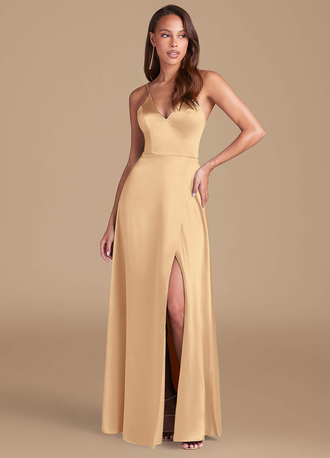 Azazie Maksim Bridesmaid Dresses Gold A-Line Metallic Satin Dress image1