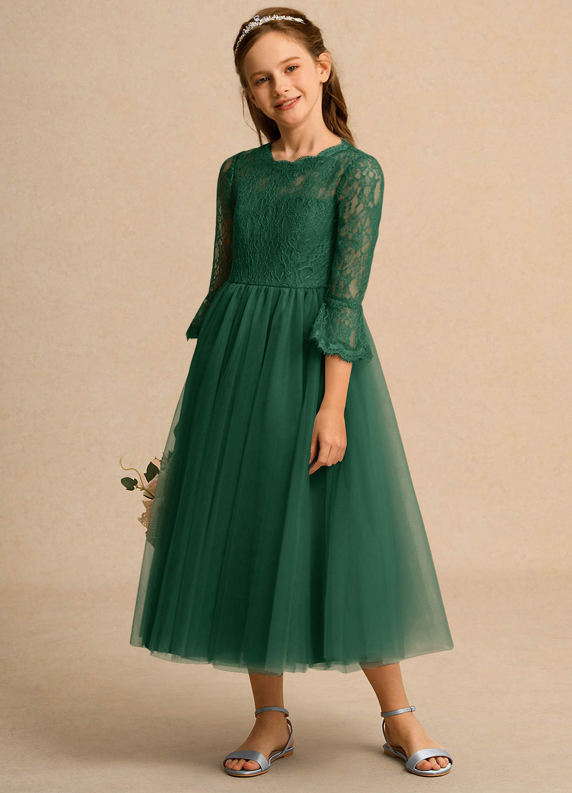 Azazie Ball-Gown Scoop Neck Tea-Length Tulle Flower Girl Dresses - Dark Green