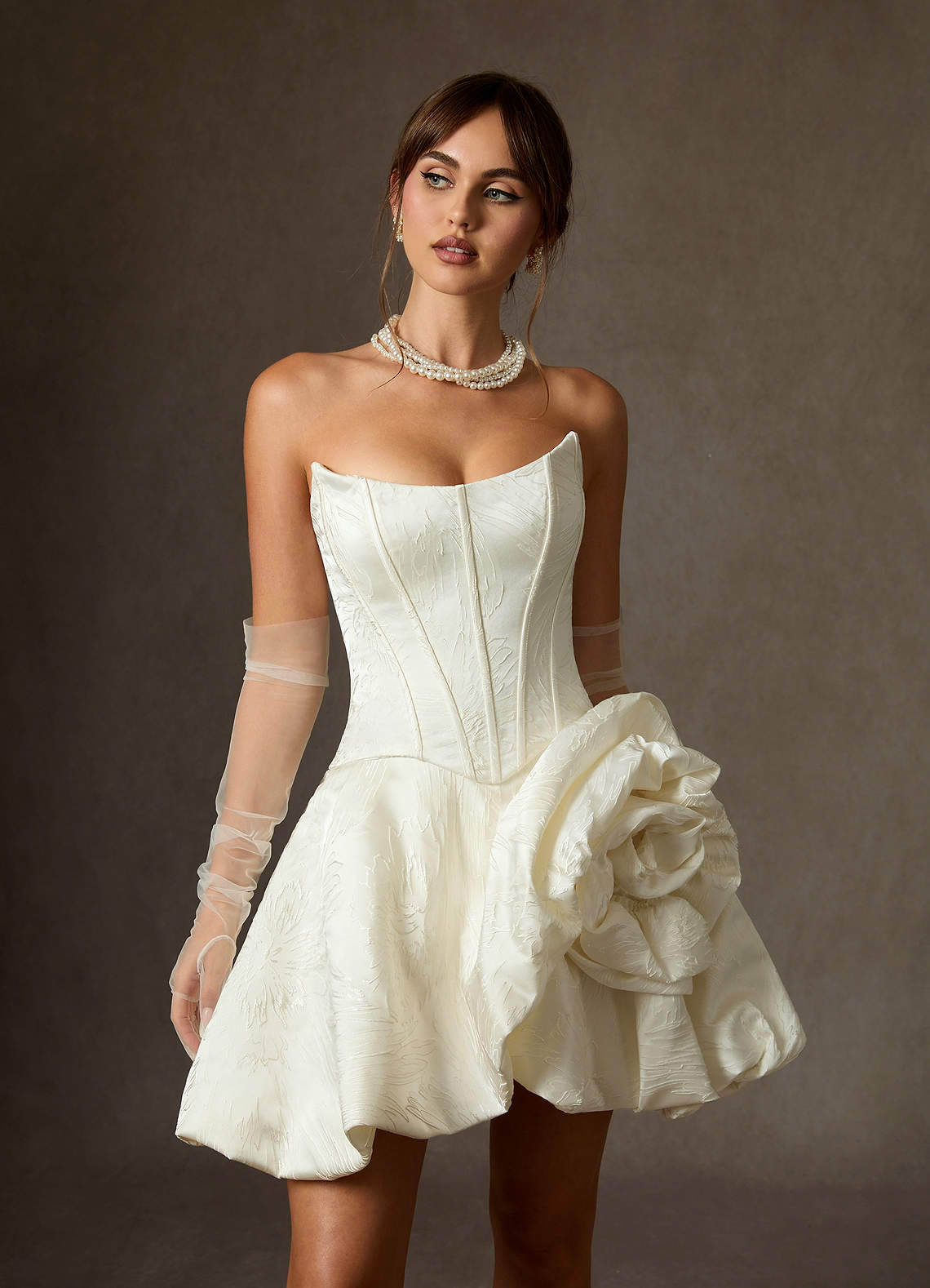 Azazie Kloe Wedding Dresses Antique White Ball-Gown Strapless Floral Jacquard Dress image5