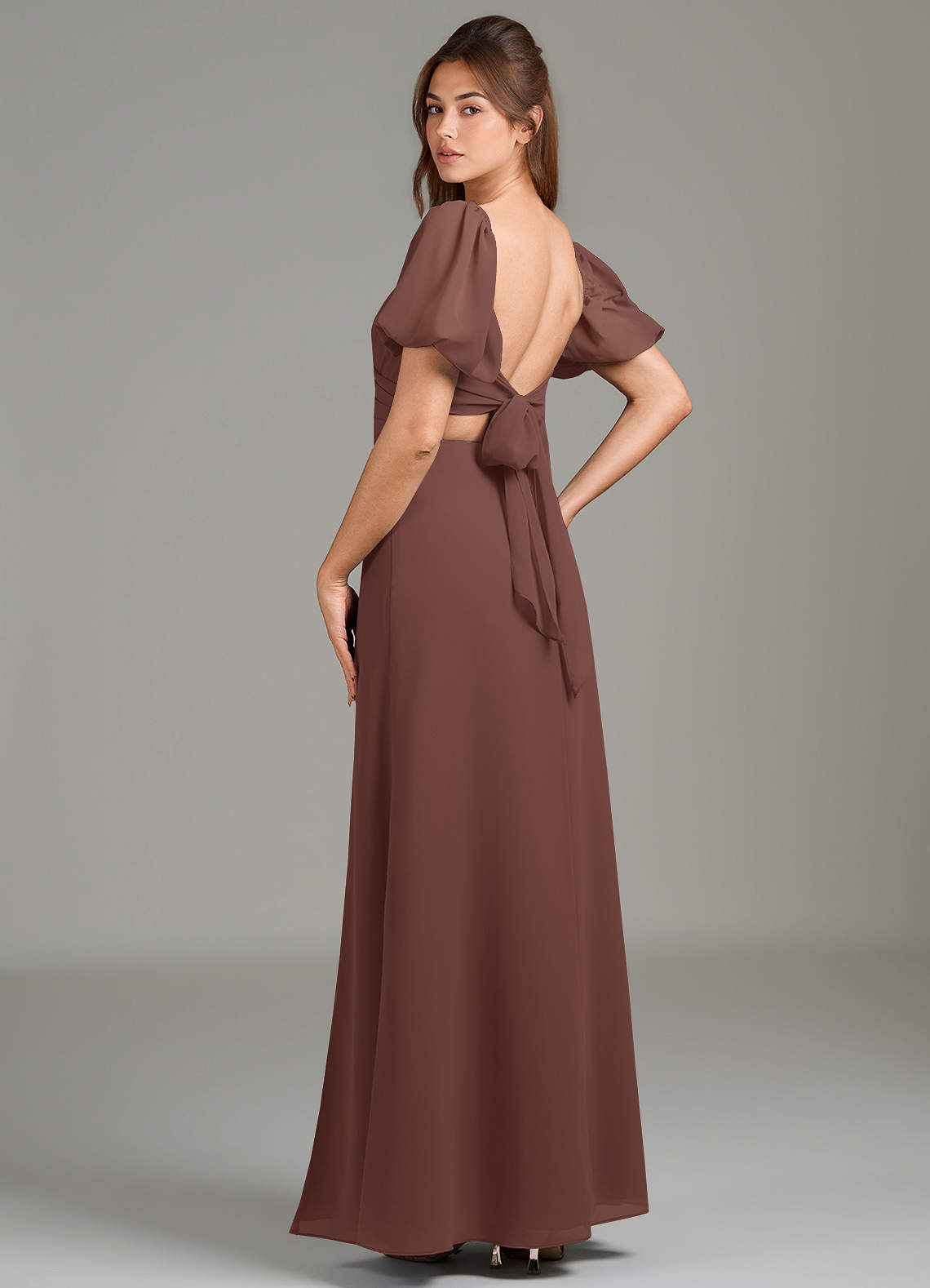 chiffon bridesmaid dresses online Azazie Phylicia Ready to Ship Espresso day comfort